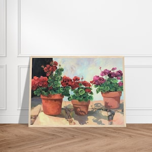 Red Geraniums Floral Oil Painting Print 12x18, Framed Botanical Wall Art for Home F116
