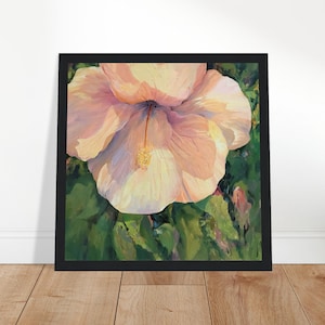 Pink Hibiscus Floral Oil Painting Print 16x16, Framed Wall Art, Tropical Botanical Decor F106