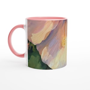 11 Unzen rosa Hibiskus Kaffeetasse, tropische Blumenkunst Geschenk, botanische Küchentasse F170