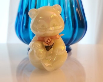 Art Glass Fenton Opalescent Bear With Pink Ribbon & Flower