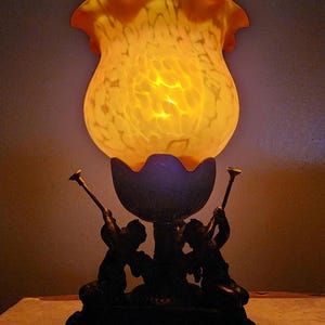 Vintage Brass Cherub Trumpet Lamp with Amber Glass Shade – 7.5” Tall Accent Table Light