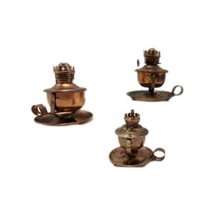 Juego de 3 mini lámparas de aceite de cobre vintage con portavelas, lámparas de metal con asa de dedo de Hong Kong, decoración rústica primitiva, acento de iluminación de granja