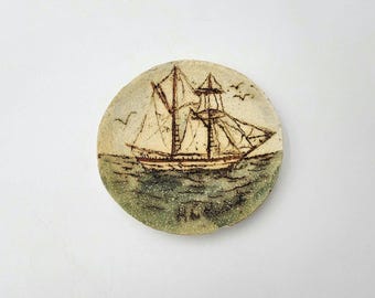 Vintage Hubert du Roscoat Sailing Ship Studio Art Pottery Plate | Handcrafted Quebec Canada Wall Hanging | Nautical Decor