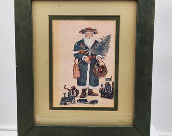 Impression Père Noël Meoble vintage 1987 – Décoration murale de Noël art populaire encadrée