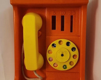 Vintage Playskool Toy Pay Phone Orange and Yellow - 1970s Children&#39;s Rotary Phone