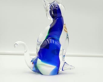 Vintage Murano Art Glass Cat Figurine – Sommerso Blue Green Clear – Hand Blown Italian Glass Venezia – Mid Century Modern Decor