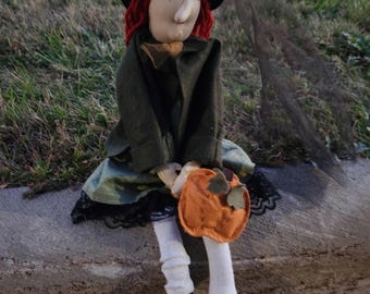 Muñeca de bruja vintage de Halloween – Adorno de estantería artesanal de arte popular
