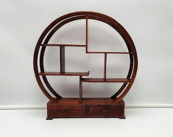 Vintage Round Rosewood Mingei Display Shelf Stand w/ Drawers | Asian Oriental Wood Curio Shelf | Mid Century Minimalist Decor