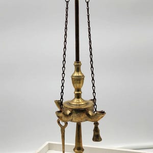 Vintage Brass Oil Lamp with Tools – 14.5&quot; Tall – Ornate Indian Hindu Style Diya Stand