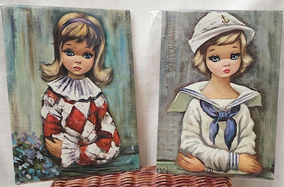 Vintage Eden Big Eye Girl Litho Prints – Sailor and Harlequin Set