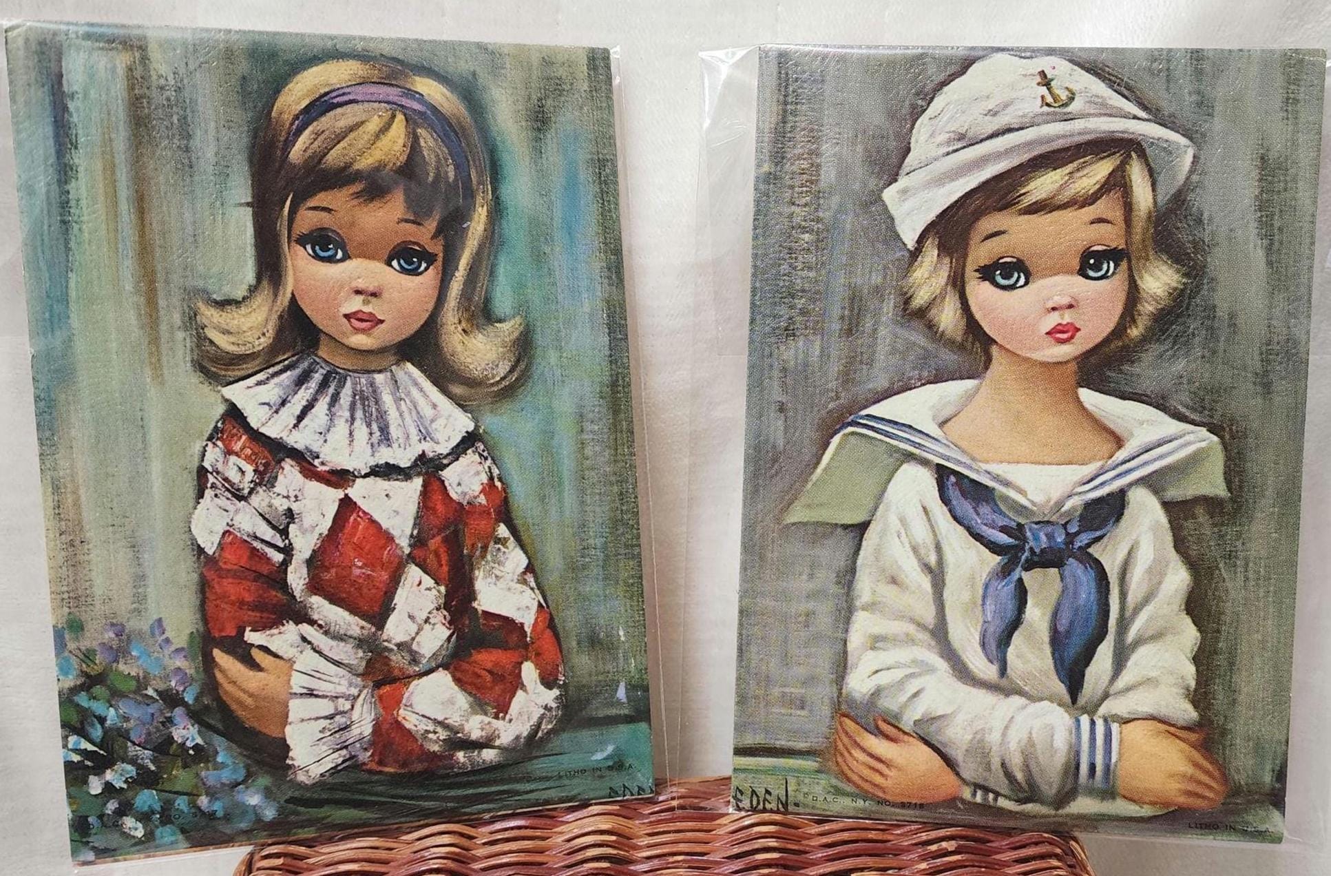 Vintage Eden Big Eye Girl Litho Prints – Sailor and Harlequin Set