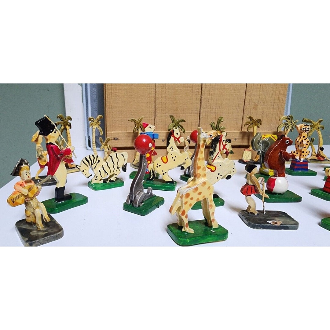 Collection of Vintage Wooden Circus Toys Elephant & More Hand Painted