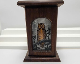 Vintage Owl Wooden Candle Lantern Luminary MCM Wall Sconce Box, Rustic Cabin Decor, Perched Owl Glass Panel Light Holder