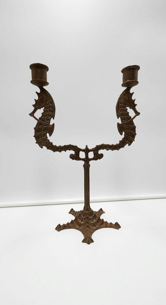 古銅燭台一対箱付き [B28527] Antique E.T. Hurley Double Seahorse Bronze Candelabra Signed