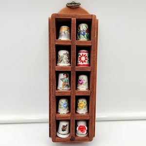 Vintage Ceramic Thimble Collection – Set of 10 with Wooden Display Case, Floral & Animal Designs, 9 in Tall