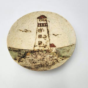 Vintage Hubert du Roscoat Studio Art Pottery Lighthouse Plate | Handcrafted Quebec Canada Wall Hanging | Rustic Coastal Decor