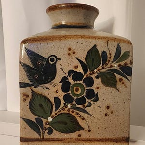 Vintage Tonala Mexican Pottery Vase – Hand-Painted Bird & Floral Design