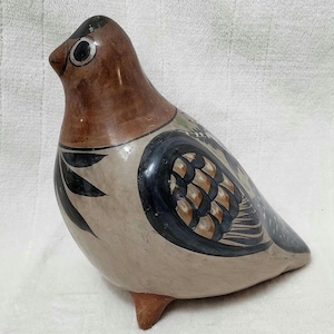 Vintage Tonala Bird Mexican Pottery - Bird Design on Bird - Signed Mexico - Folk Art Décor - 6.5&quot; Handmade
