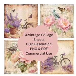 Papéis de álbum de recortes vintage, folhas de colagem, rosas vintage, lavanda, papéis chiques gastos, clipart, PNG, papel digital, uso comercial, antiguidade