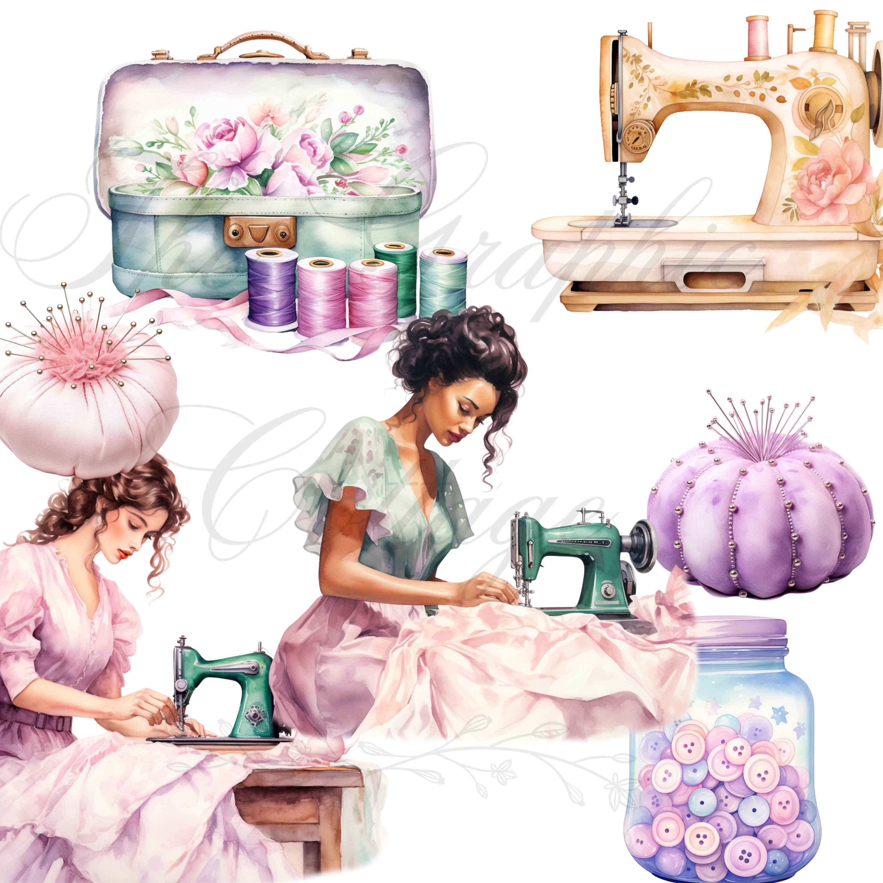 Watercolor Sewing Clipart: Sewing Machine, Thread PNG Files (digital ...