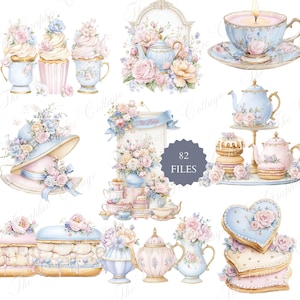 Puede incluir: Ilustraciones en acuarela de tazas de té, teteras, cupcakes y un sombrero, todos decorados con rosas rosas y azules pastel. La imagen incluye una vela en una taza de té, un soporte para pasteles y galletas en forma de corazón. El texto "82 FILES" está presente.