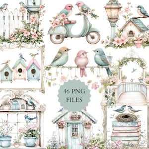 Aquarell Vögel, Vogelgesang Bliss, Vögel mit Blumen, Frühling, Vögel, Vogelhaus, Frühlingsblumen, Vogel Clipart, Vogelnest, Cottage, Zaun
