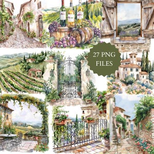 Aquarel Italië Clipart. Wijnland, Toscane clipart, wijnmakerij clipart, Italië platteland, Italiaans dorp, schilderachtig Italië, reis naar Italië