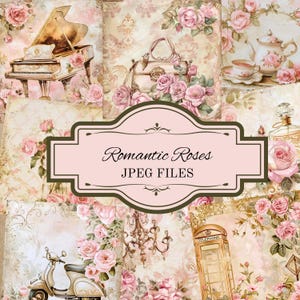 Bellissimo pacchetto di carta digitale con rose romantiche, kit di carta per scrapbooking, diario spazzatura shabby chic, rose rosa, atmosfera romantica, artigianato elegante