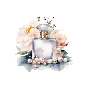 Botella de perfume de acuarela con flores y imágenes prediseñadas de perlas, / Arte de acuarela / Arte de pared con hermosa botella de perfume, Impresión bajo demanda