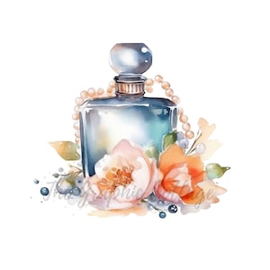Botella de perfume de acuarela con imágenes prediseñadas de flores y perlas, / Arte de acuarela / Arte de pared con hermosa botella de perfume, Sublimación, Imágenes prediseñadas