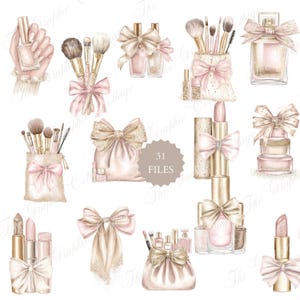 May include: Watercolor illustrations of beauty products, including makeup brushes, lipsticks, perfume bottles, and nail polish. Each item is adorned with bows in shades of pink, gold, and beige. The image includes the text "31 FILES".