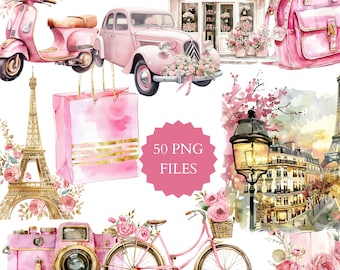 Watercolor Paris Clipart, Romantic Paris, Pink and Blush Clipart, Wall Art, Paris Collection, Cute Paris Cafe, Paris Flower Shop, Watercolor