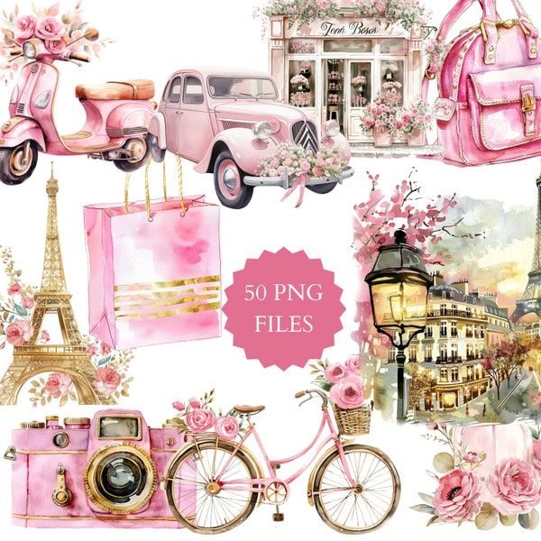 Watercolor Paris Clipart, Romantic Paris, Pink and Blush Clipart, Wall Art, Paris Collection, Cute Paris Cafe, Paris Flower Shop, Watercolor