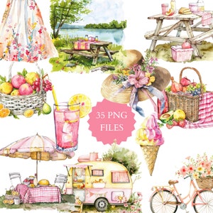 Clipart aquarelle pique-nique, pique-nique, pique-nique romantique, fête pique-nique, fête d'anniversaire, pique-nique en famille, lac, camping-car, panier pique-nique, fruits
