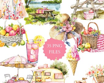 Watercolor Picnic Clipart Set, Romantic Theme (PNG Files)