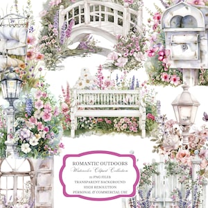Clipart de acuarela floral al aire libre, fiesta romántica en el jardín, banco floral romántico al aire libre, buzón, silla, jardín, patio delantero, puerta