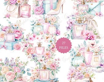 May include: Watercolor illustration featuring various perfume bottles in pink, blue, and gold, surrounded by floral arrangements. A high-heeled shoe and gift boxes are also included. The image has a soft, feminine aesthetic with the text "27 FILES".