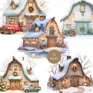 Lador i vinter akvarell Clipart, rustika bondgårdsjulillustrationer, snöig landsbygd PNG, vintage vintergård för sublimation