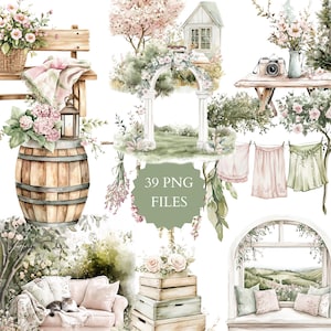 Aquarelle country Lane Spring Clipart, Art de la saison du printemps, Clipart mariage, Art numérique, Clipart pour Invitation, Shower nuptiale, campagne