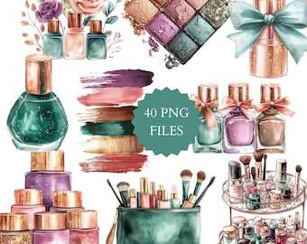Puede incluir: Ilustración en acuarela de varios productos de belleza, incluyendo esmalte de uñas, paletas de sombras de ojos, pintalabios y brochas de maquillaje. La imagen presenta una variedad de colores, incluyendo rosas, morados, verdes y dorados. El texto "40 PNG FILES" también está presente.
