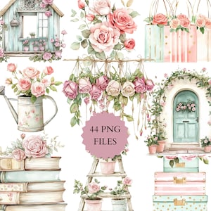 Aquarelles roses victoriennes, roses roses, clipart roses romantiques, roses avec oiseaux, fleuriste, belles roses roses et crème, bouquet de roses