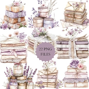 Aquarell Lavendel und Creme Stapeln Clipart, Stapel Papiere, Seife, Bücher, Postkarten, Pastellfarben, Spitzendesign mit Blumen, Lavendel