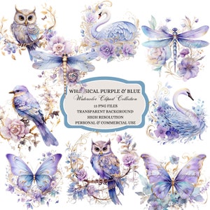 Clipart fantaisiste, clipart aquarelle, clipart violet et bleu, hibou, papillon, libellule, bouquet floral, cygne, art pour journal, scrapbook