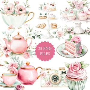 Aquarell Nachmittagstee Clipart, Romantische Teeparty, Rosa und Minze Clipart, Wandkunst, Teesammlung, niedliche Teekanne, Teetasse, Floral