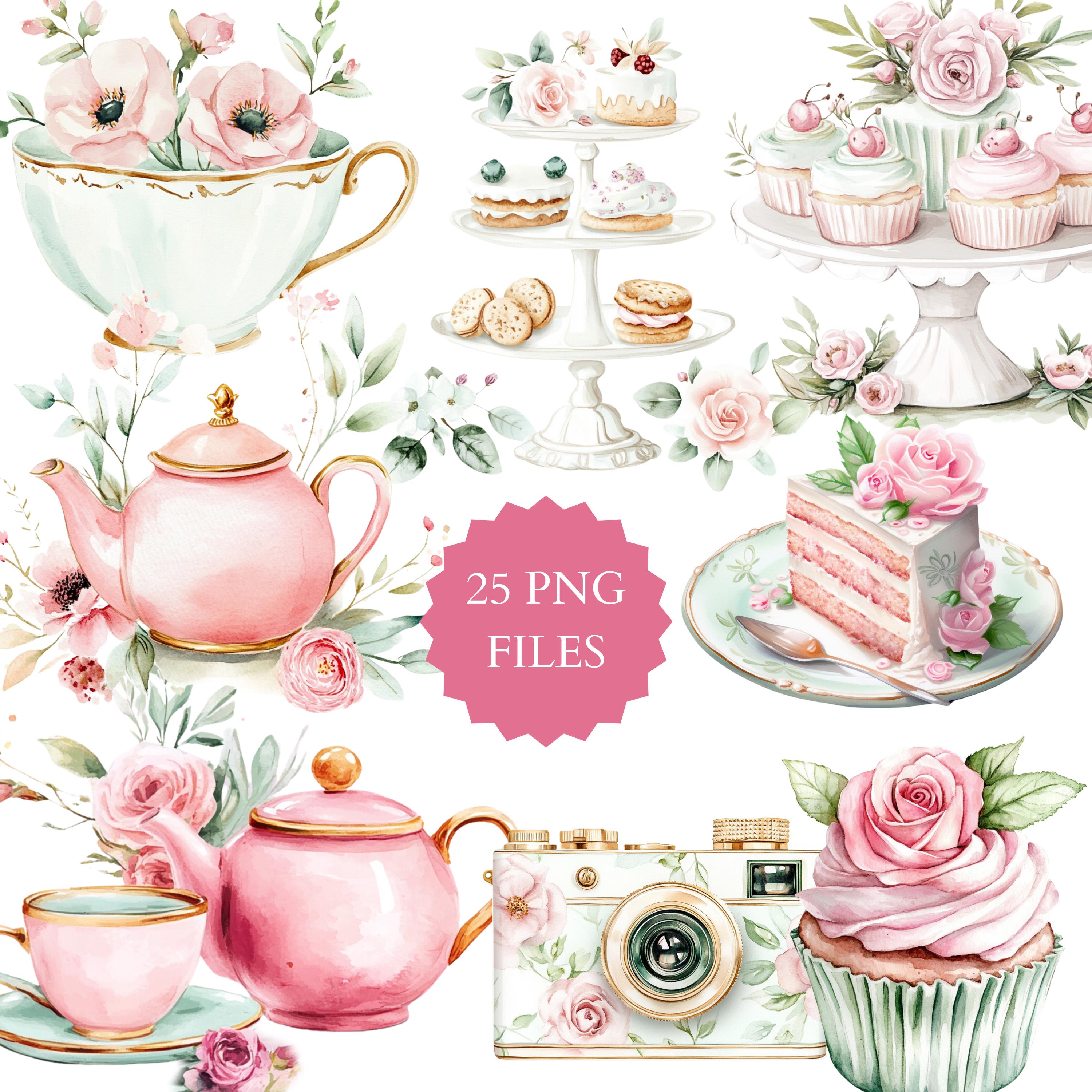 Watercolor Afternoon Tea Clipart, Romantic Tea Party, Pink and Mint Clipart, Wall Art, Tea Collection, Cute Teapot, Teacup, Floral