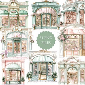 Clipart di vetrine di negozi color menta e rosa ad acquerello, borse verdi e rosa, negozio di scarpe, negozi glamour, shopping, design floreale, negozio di moda