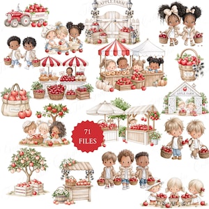 Puede incluir: Una colección de ilustraciones estilo acuarela con niños, manzanos, cajas de madera, puestos de mercado y manzanas rojas. Los gráficos incluyen escenas de niños cosechando, horneando y vendiendo manzanas en un puesto con el texto Apple Farm.