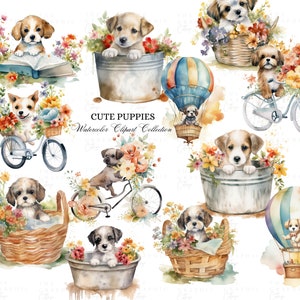 Aquarell niedliche Welpen in einem Korb, Wanne, Fahrrad fahren, mit Heißluftballon Clipart, | Kinderzimmer Dekor, Kinder Kunst Aquarell Clipart