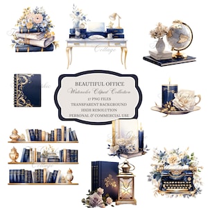 Office Clipart, Gold and Blue Clipart, Art for Office, Home Office, Planner, Journal, Notebook, Home Decor, Office Desk, Books, Typewriter