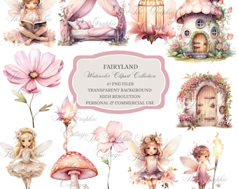 Op de afbeelding: Een set met aquarel illustraties met feeën, bloemen, paddenstoelen, een hemelbed, een lantaarn en een feeënhuis. De illustraties zijn in tinten roze, groen en bruin. De tekst "FAIRYLAND Watercolor Clipart Collection 47 PNG FILES TRANSPARENT BACKGROUND HIGH RESOLUTION PERSONAL & COMMERCIAL USE" staat op een roze banner.